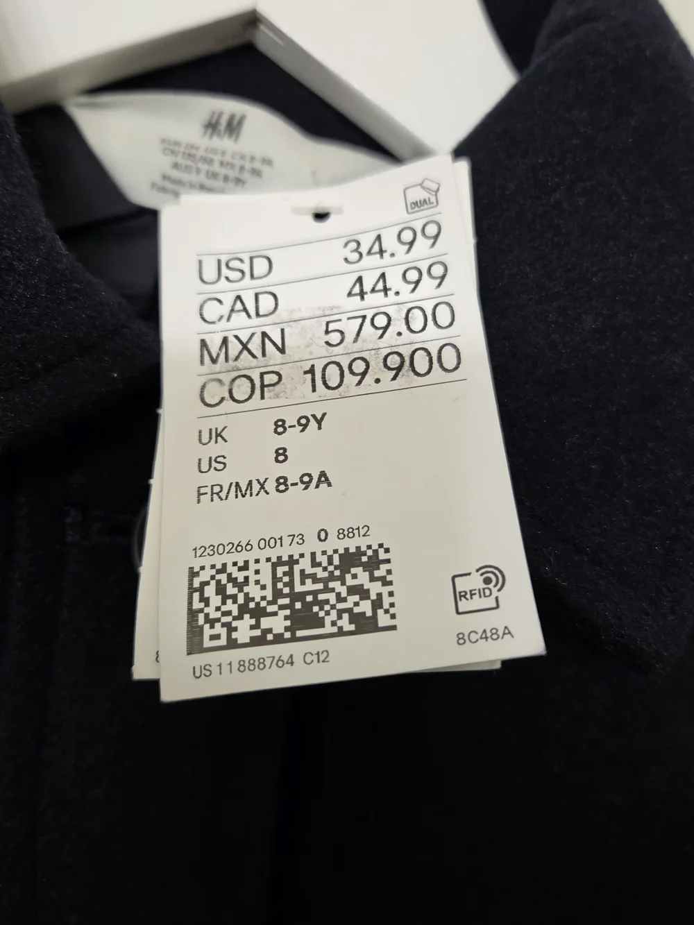 H&M Boys Black Cropped Button Front Wool Jacket Kids US 8